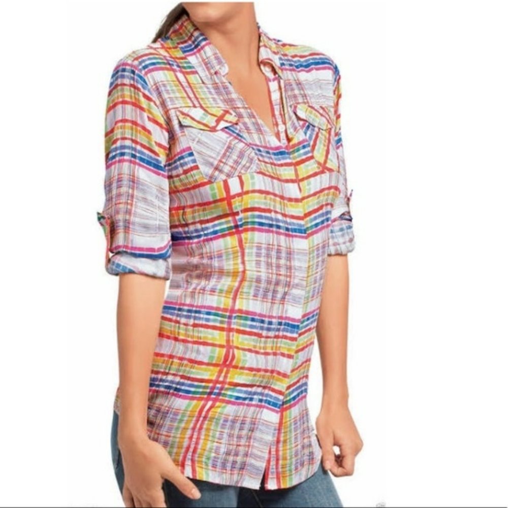 Cabi Cirque Blouse Bright Plaid Button-down Shirt – Size Large. GUC